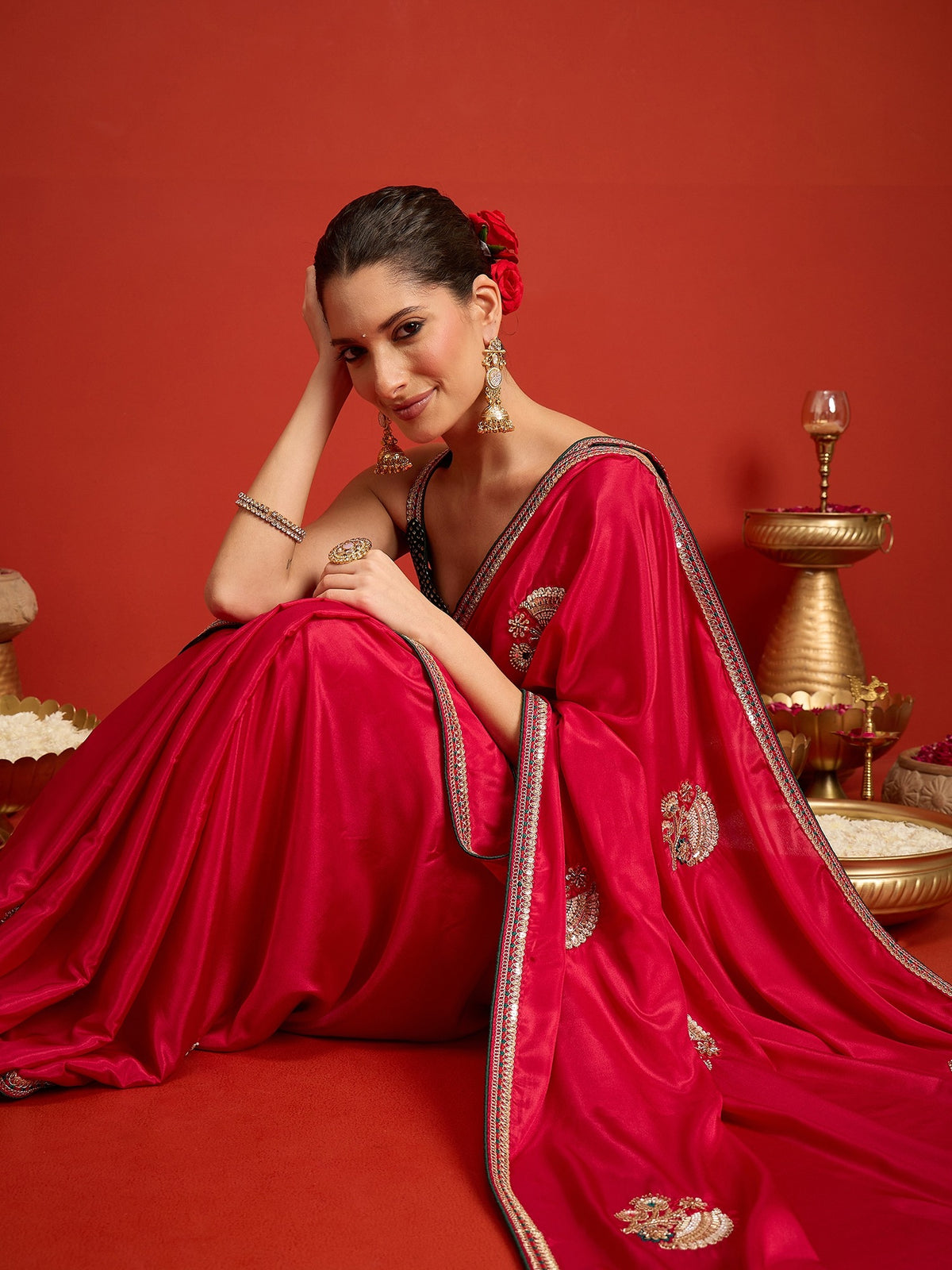 Pink satin silk saree view 2