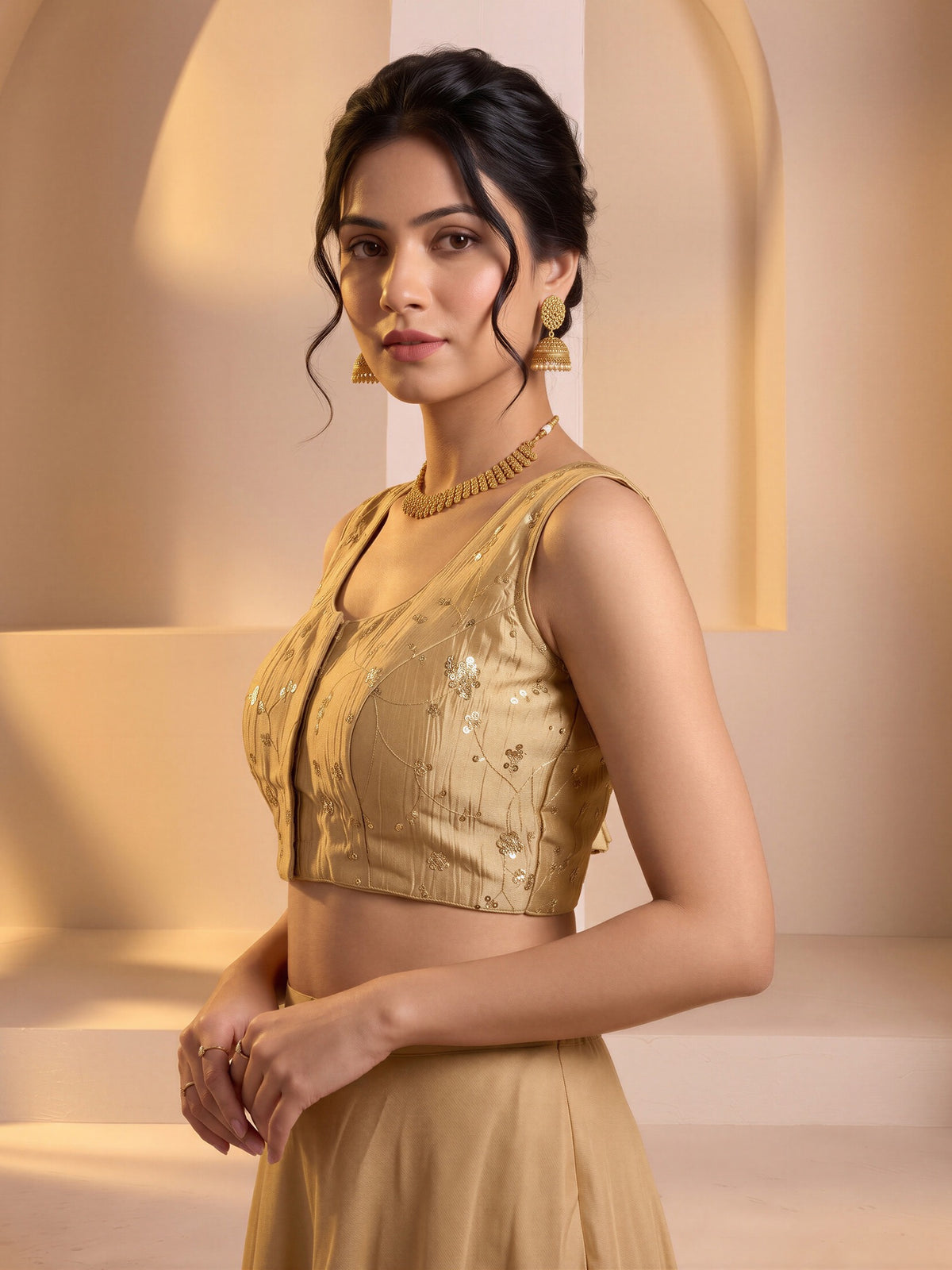 Gold sequin embroidered vichitra silk sleeveless readymade saree blouse with round neck view 2