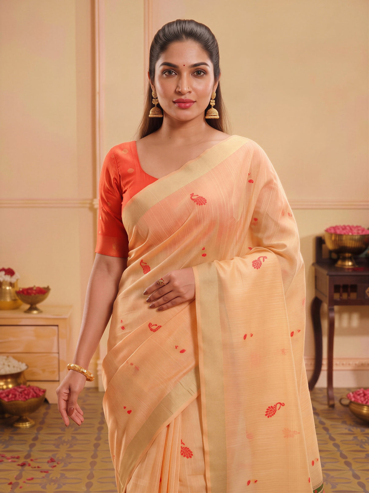 Peach silk blend saree view 4