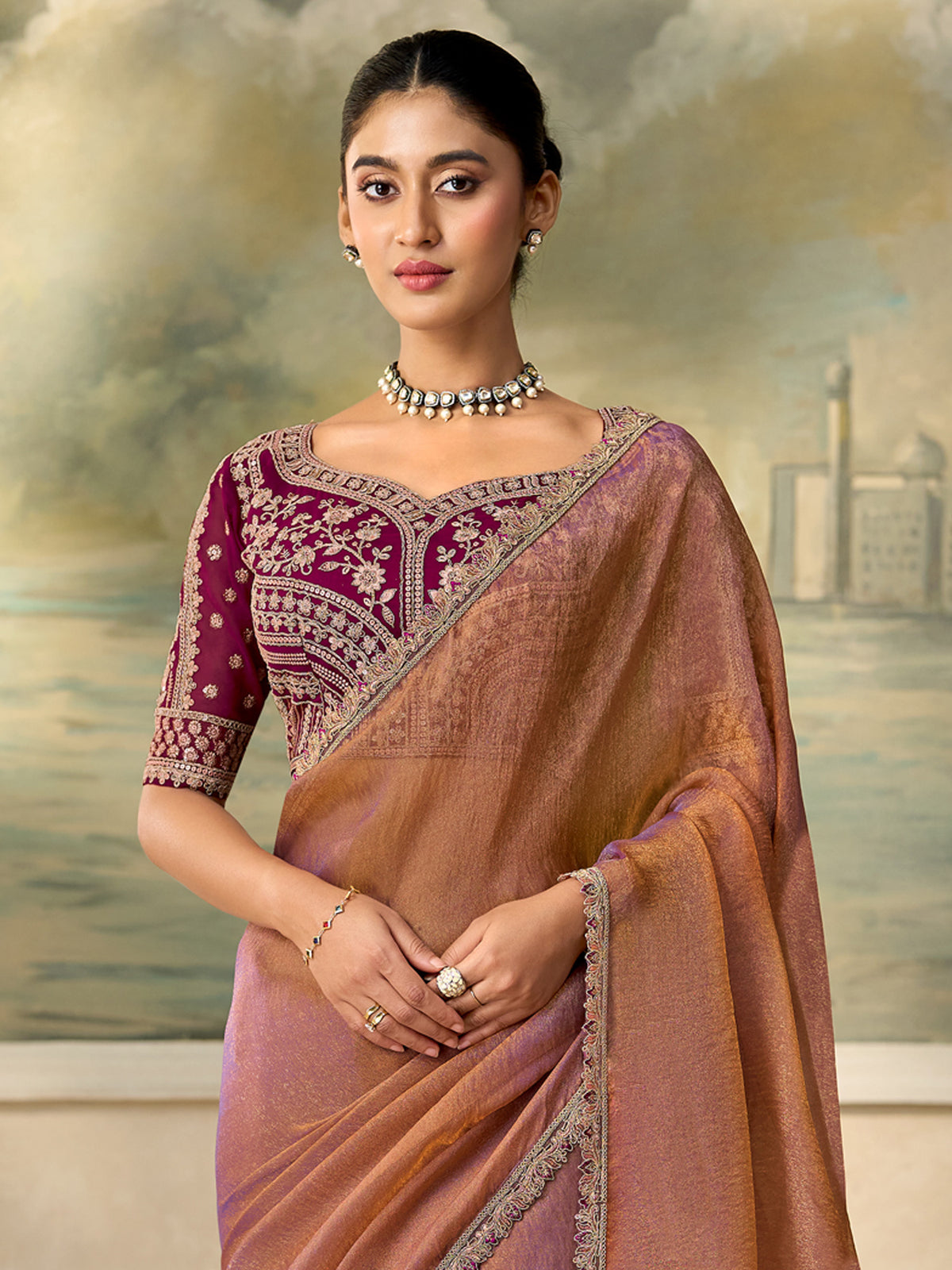 Rose Gold Georgette saree – detail view 2