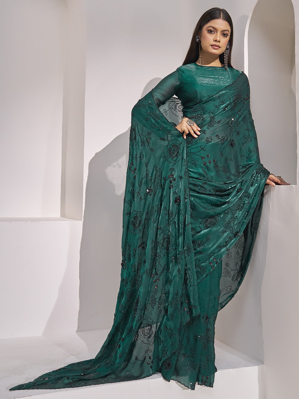Teal Green satin silk saree view 3
