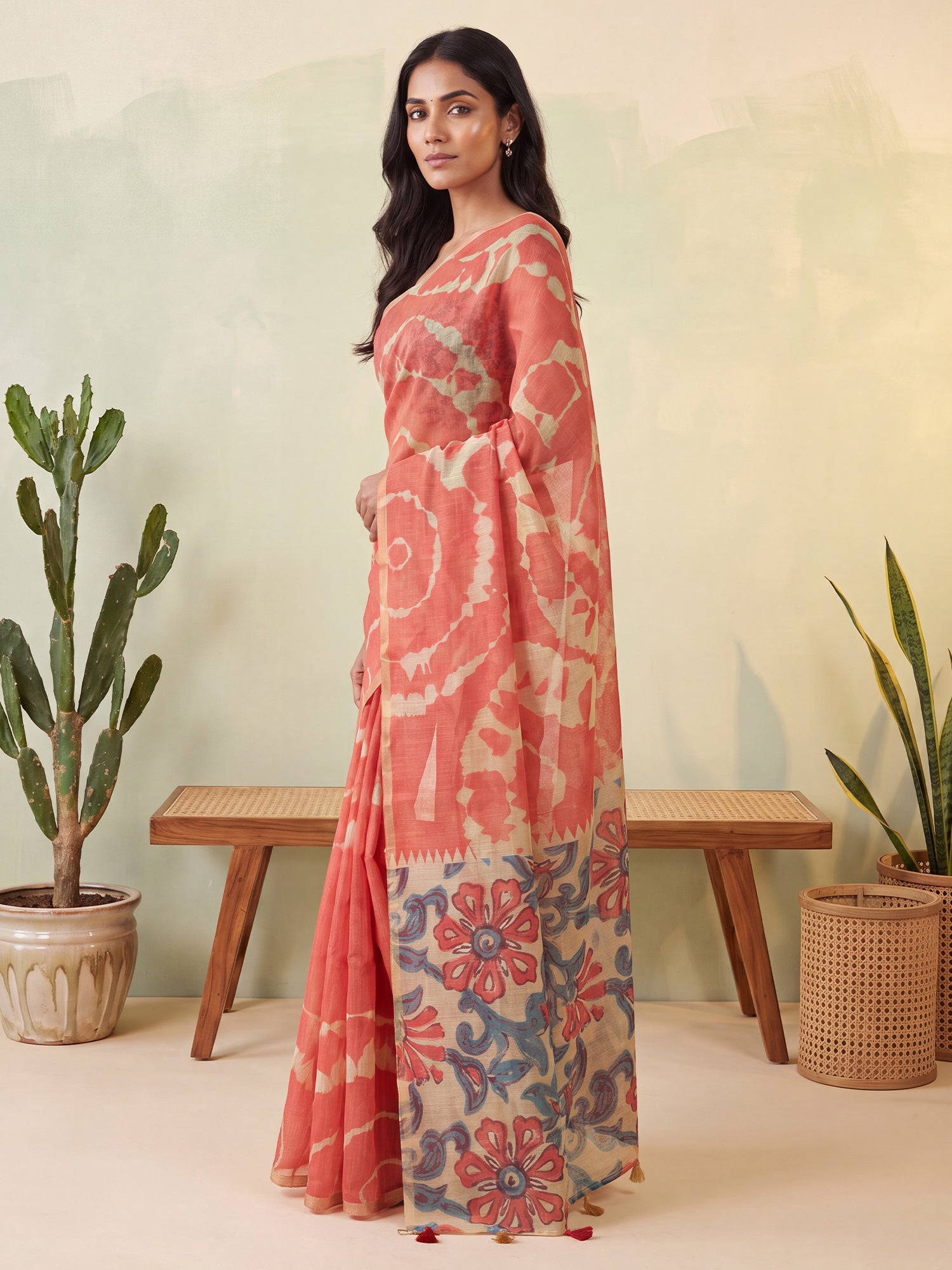 Rust Cotton Linen saree – detail view 2