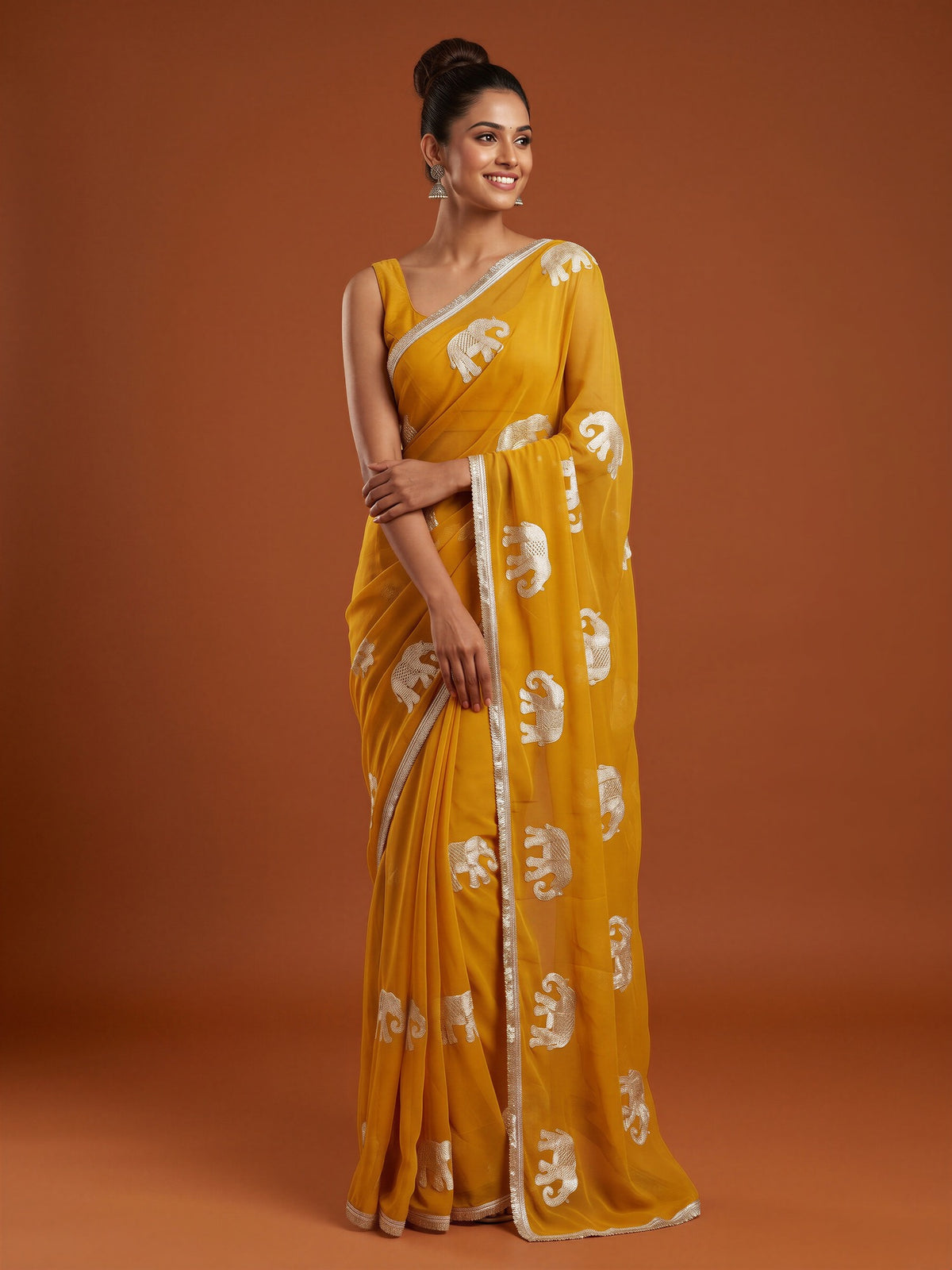 Mustard Georgette saree – detail view 3