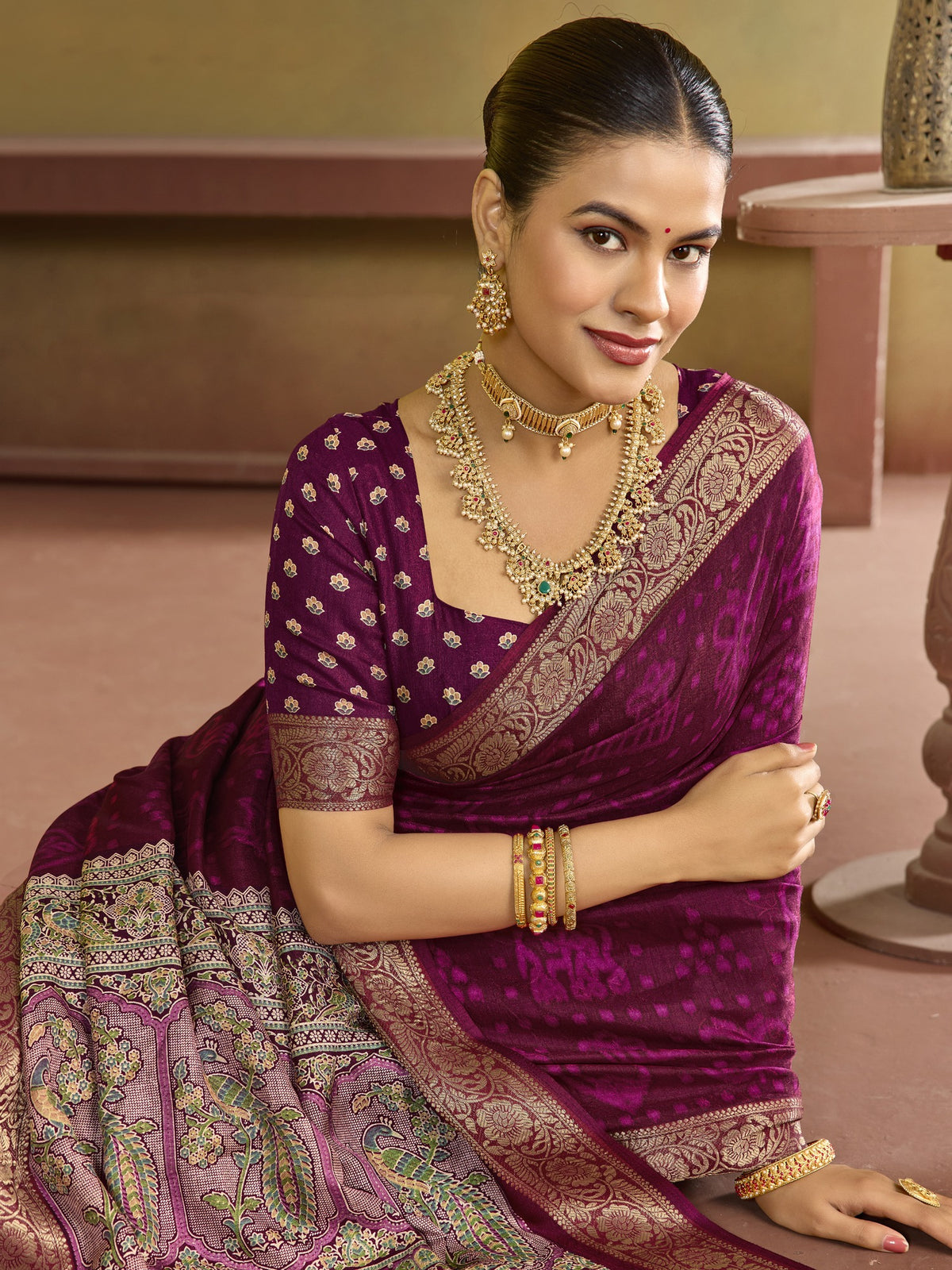 Wine tussar silk saree view 3
