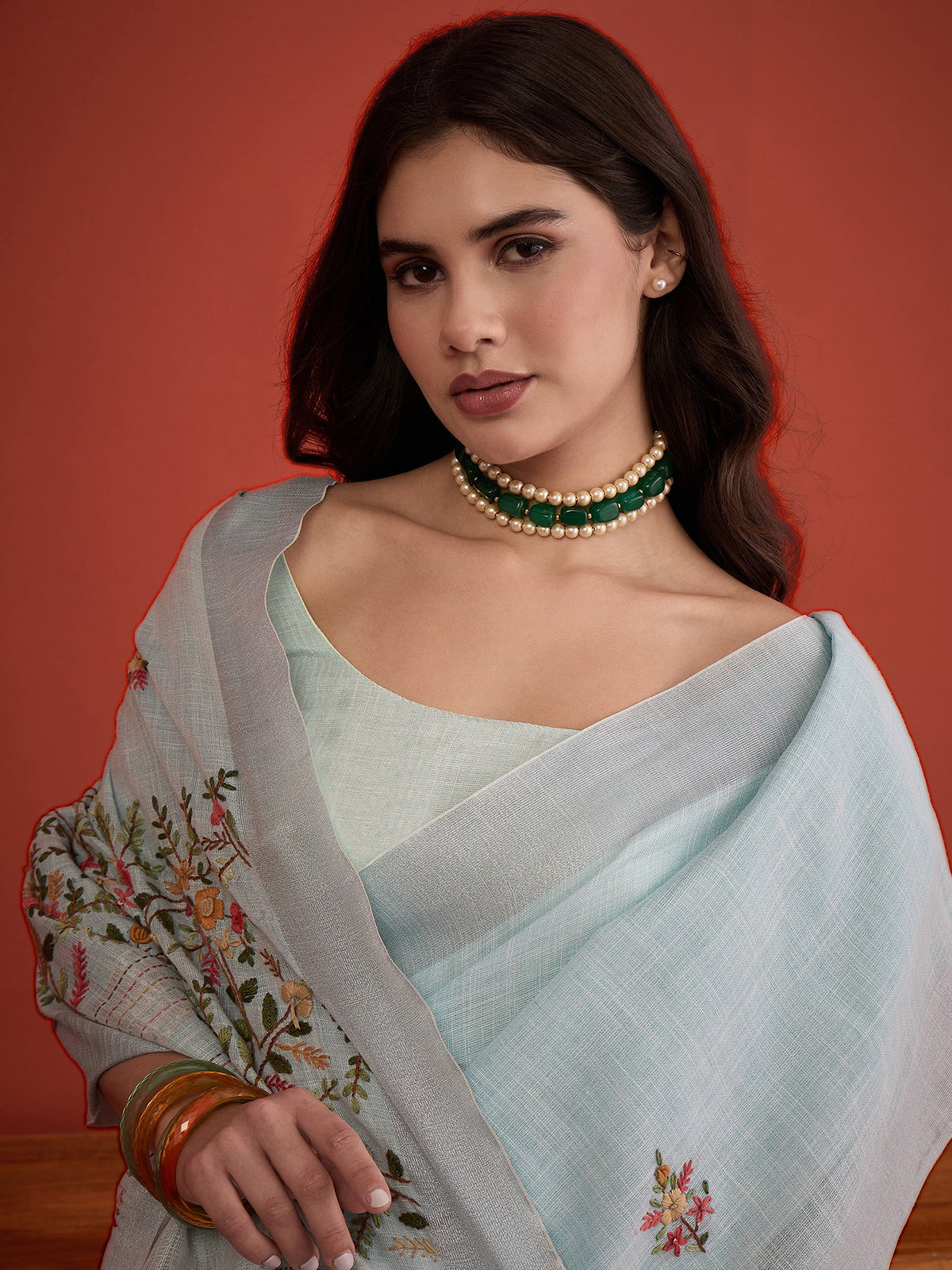 Light Blue linen blend saree view 6