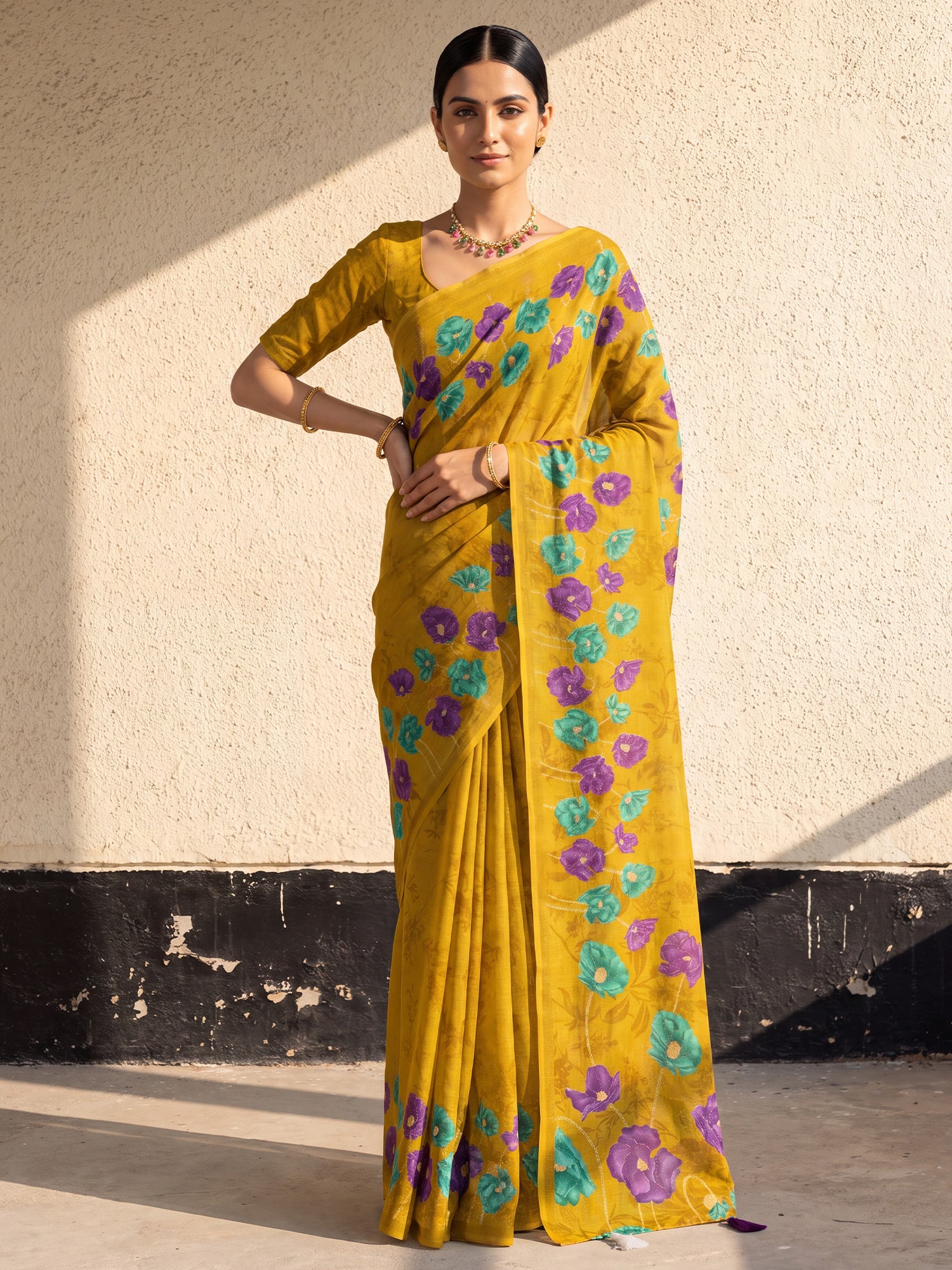 Mustard Cotton saree – detail view 3