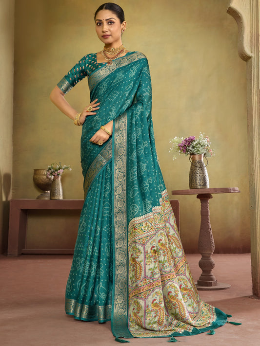 Teal Green ethnic motif tussar silk saree with teal green blouse piece