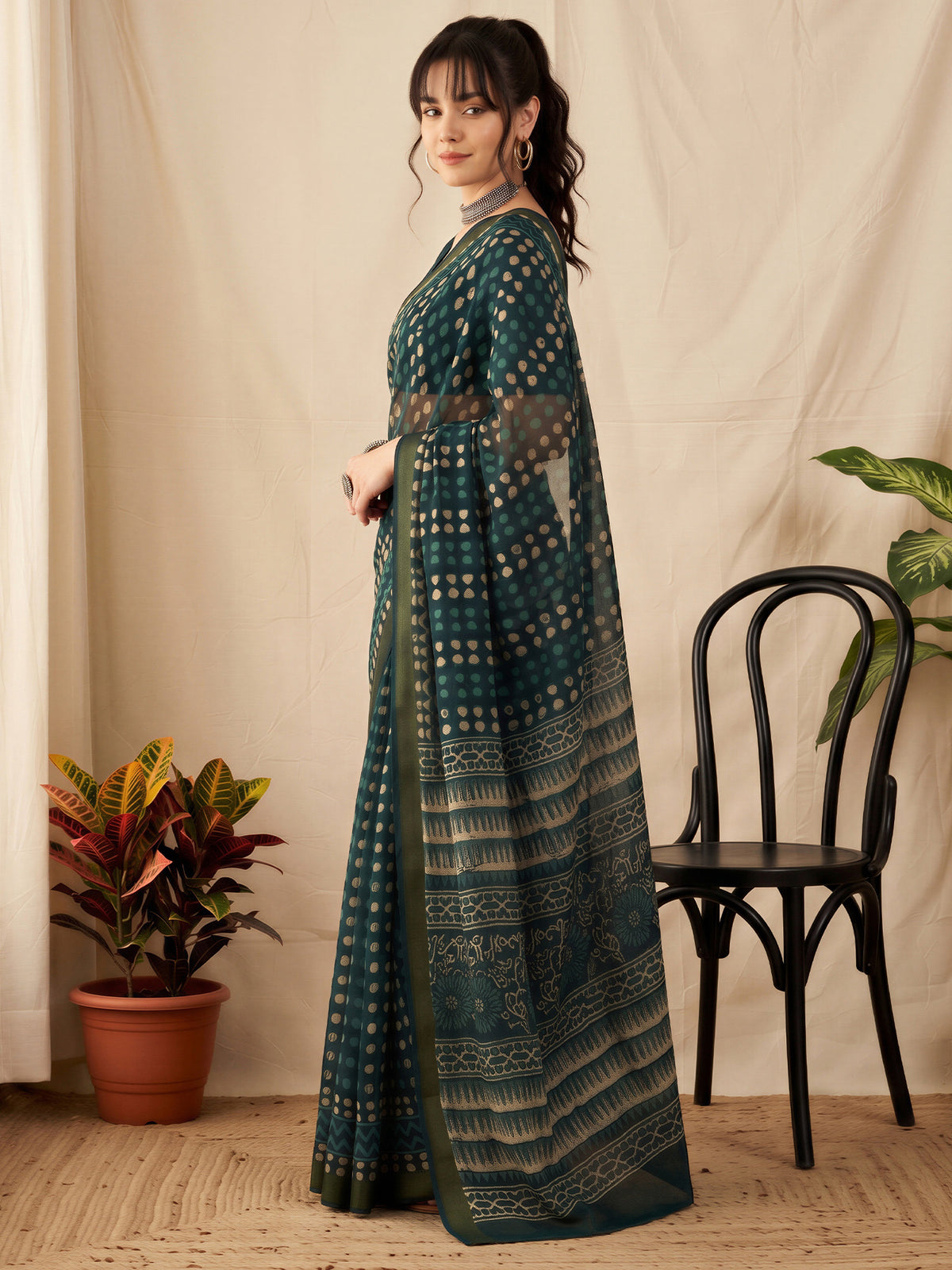 Teal Blue Cotton Linen saree – detail view 2