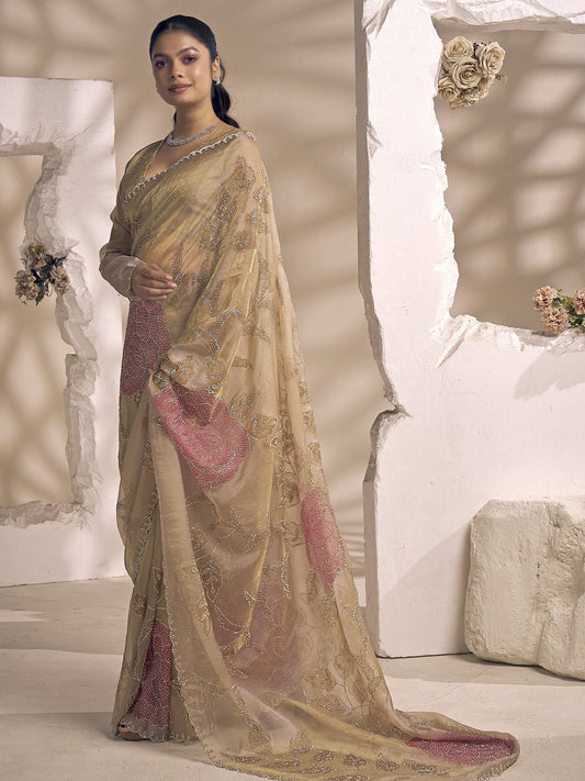 Champagne organza saree view 1
