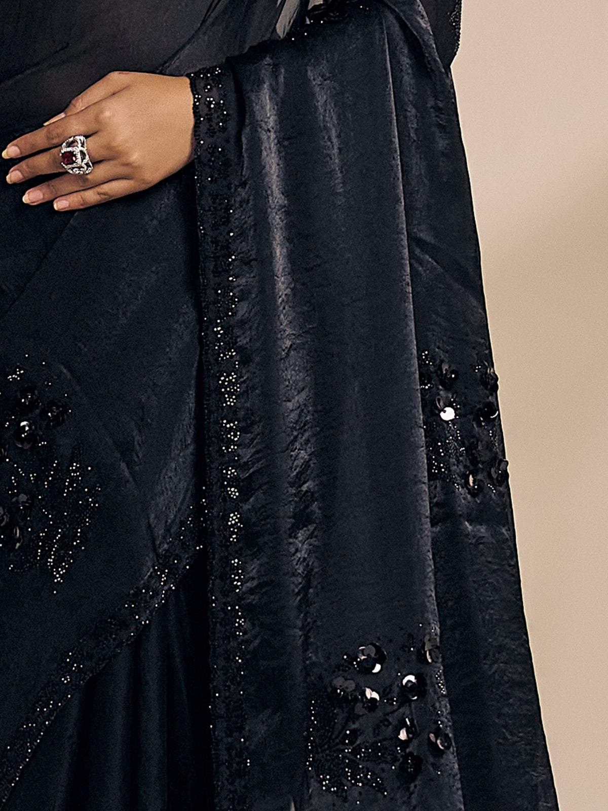 Black satin silk saree view 6