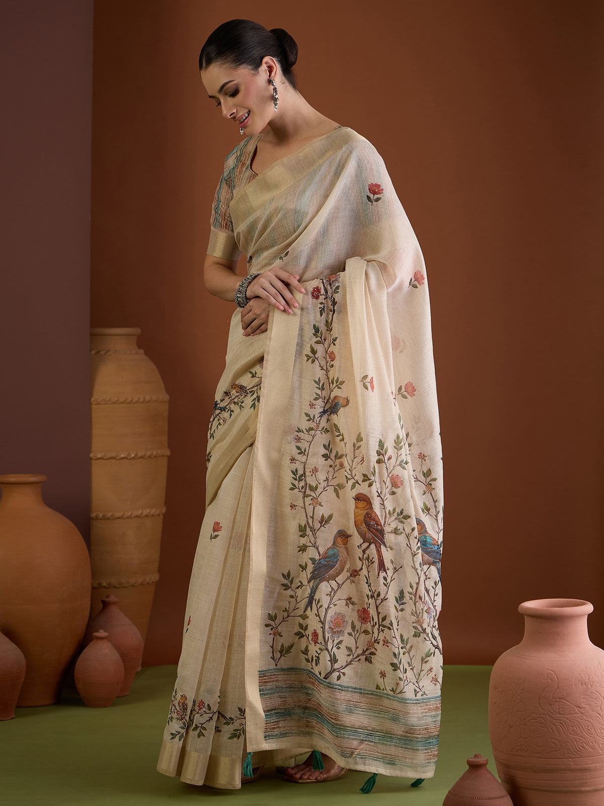 Beige linen blend saree view 3