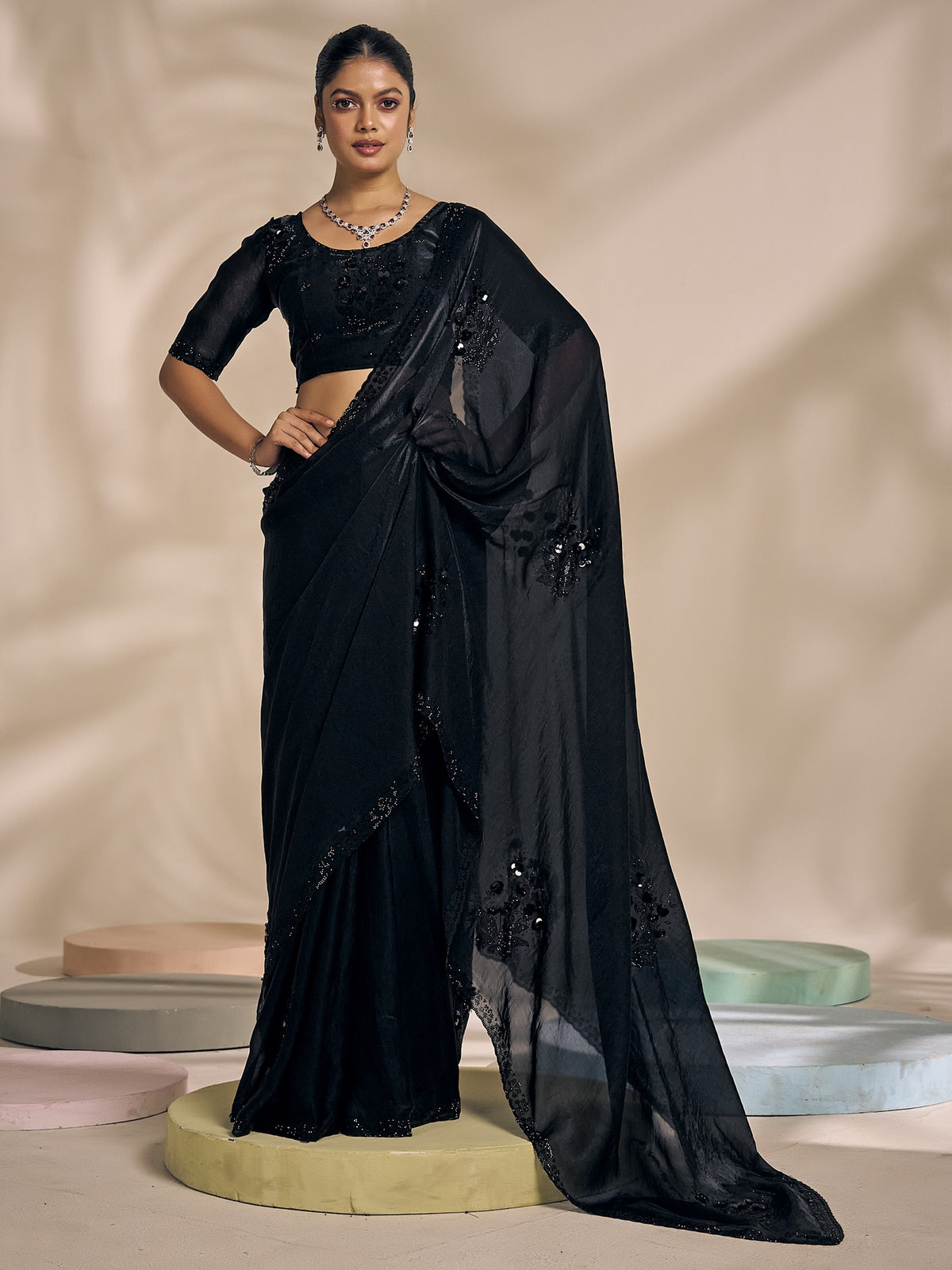 Black satin silk saree view 3