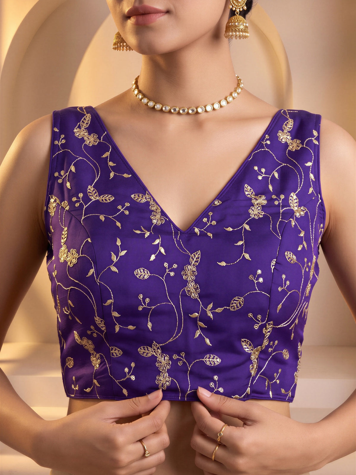 Violet sequin embroidered vichitra silk sleeveless readymade saree blouse with v neck view 3