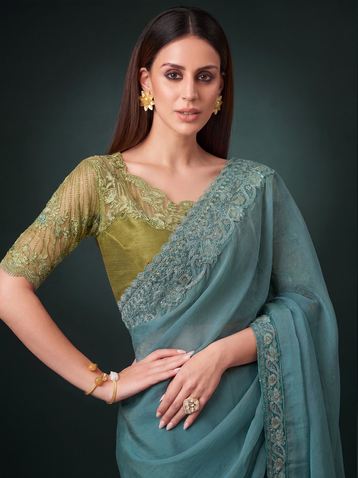Turquoise Pure Georgette saree – detail view 4