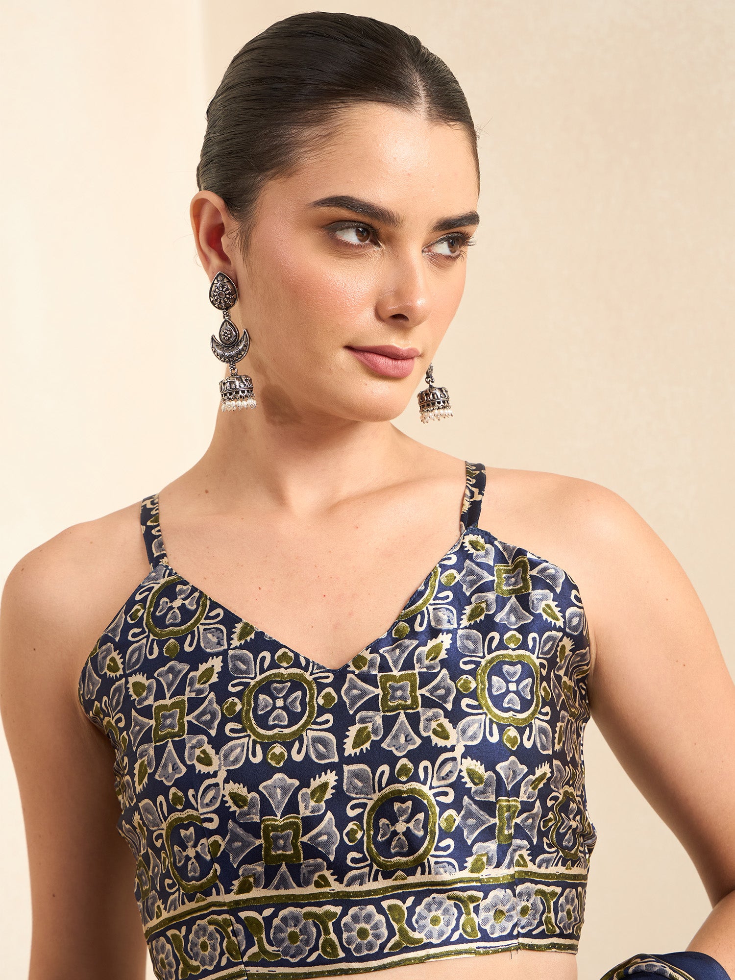 Unstitched blue crepe blouse piece with ajrak design