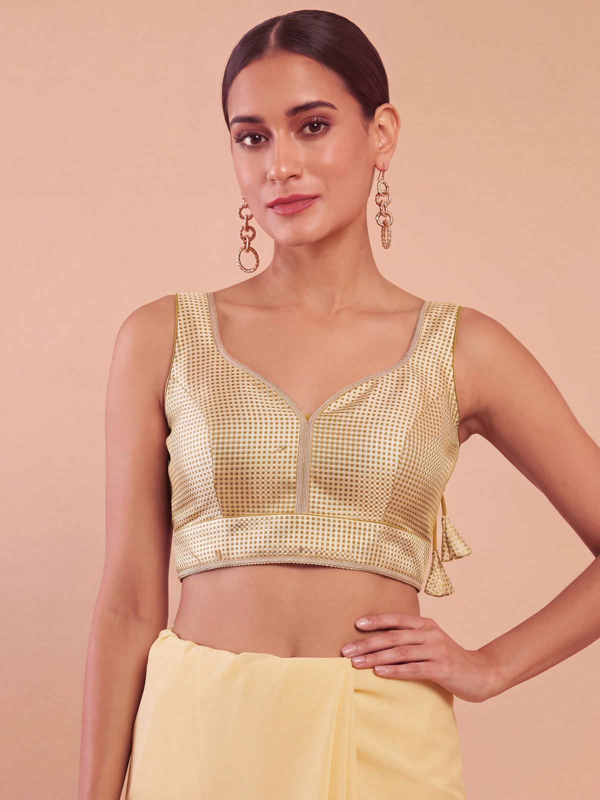 Gold woven metallic jacquard sleeveless readymade saree blouse with sweetheart neck