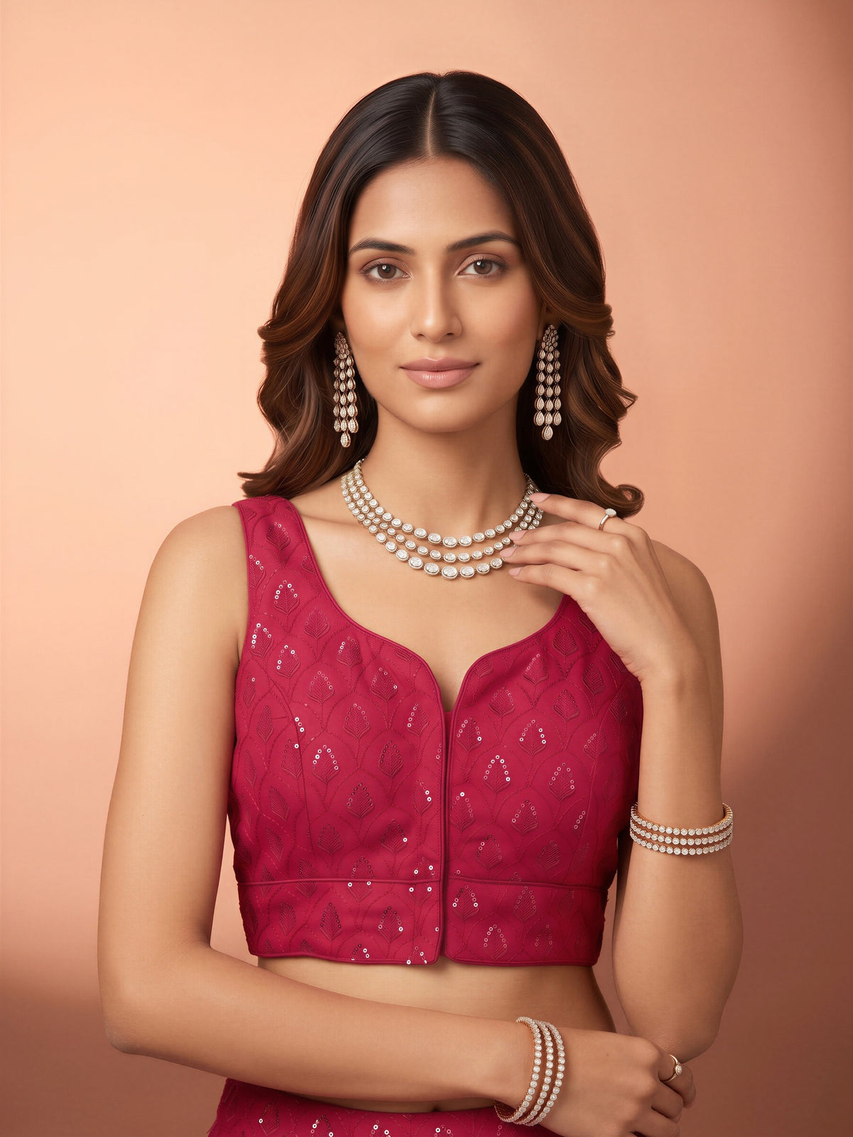 Magenta sequin embroidered georgette sleeveless readymade saree blouse with sweetheart neck view 3