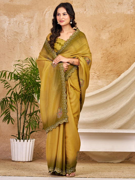 Olive Georgette saree – detail view 2