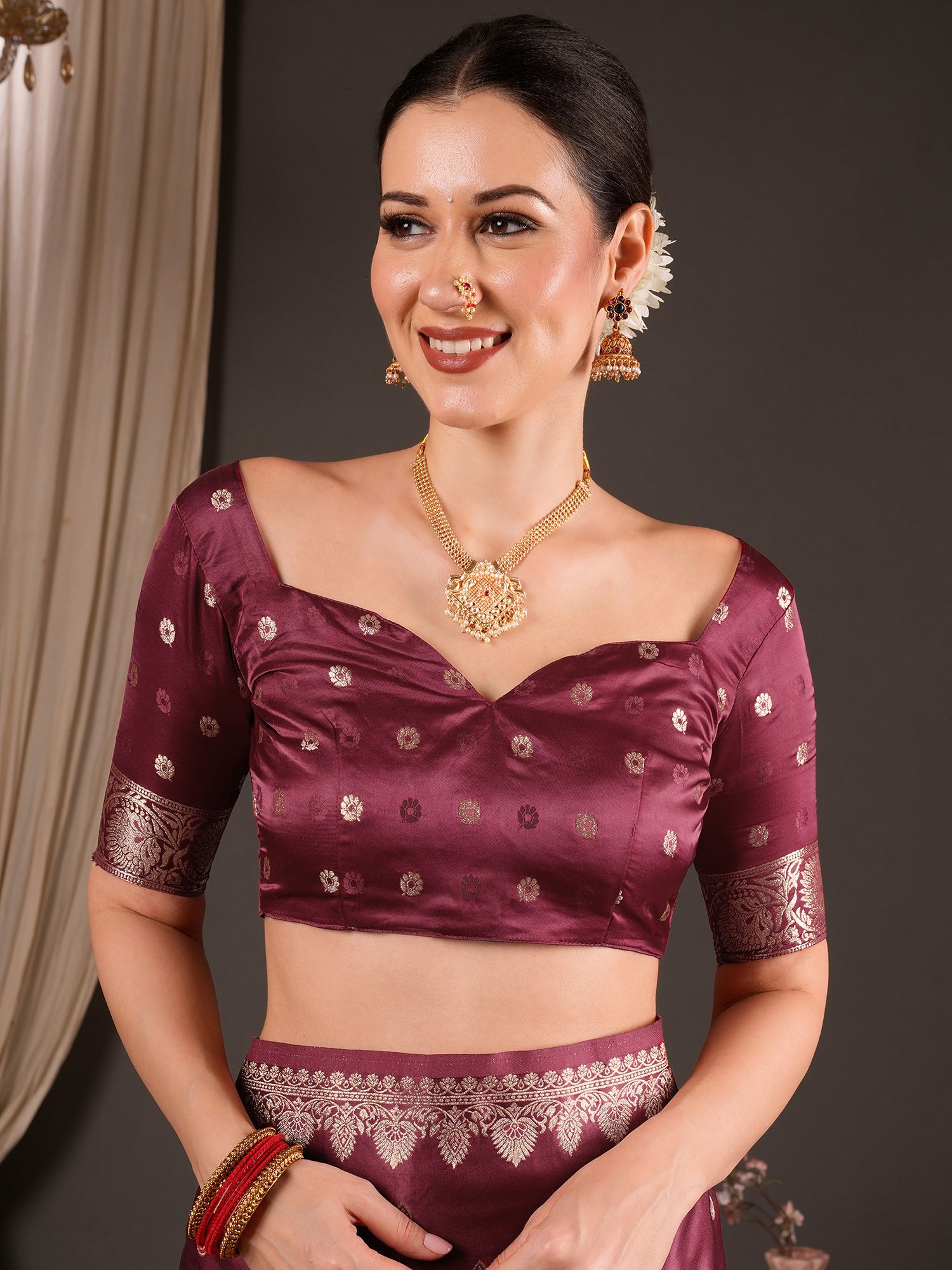 Unstitched wine silk blend blouse piece with zari butta design