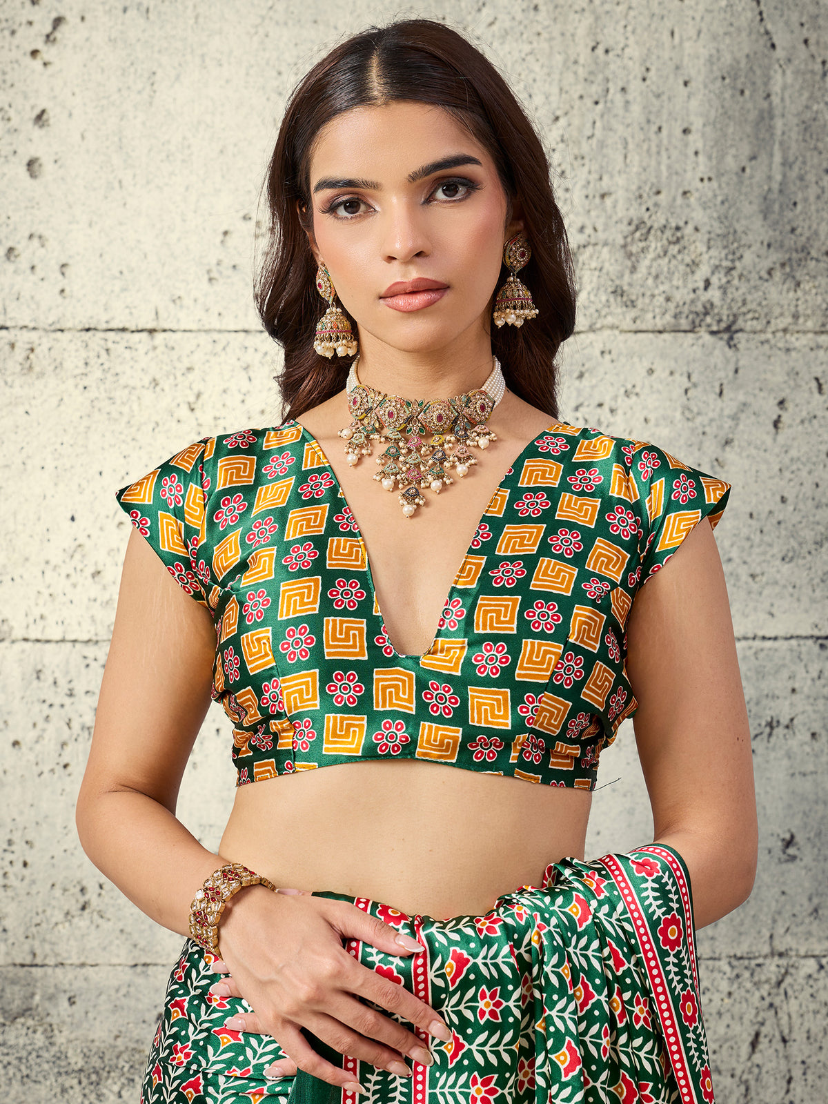 Unstitched rust satin blouse piece with ajrak design