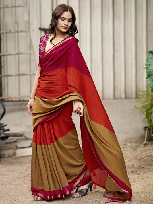 Red colorblocked cotton blend saree with maroon blouse piece