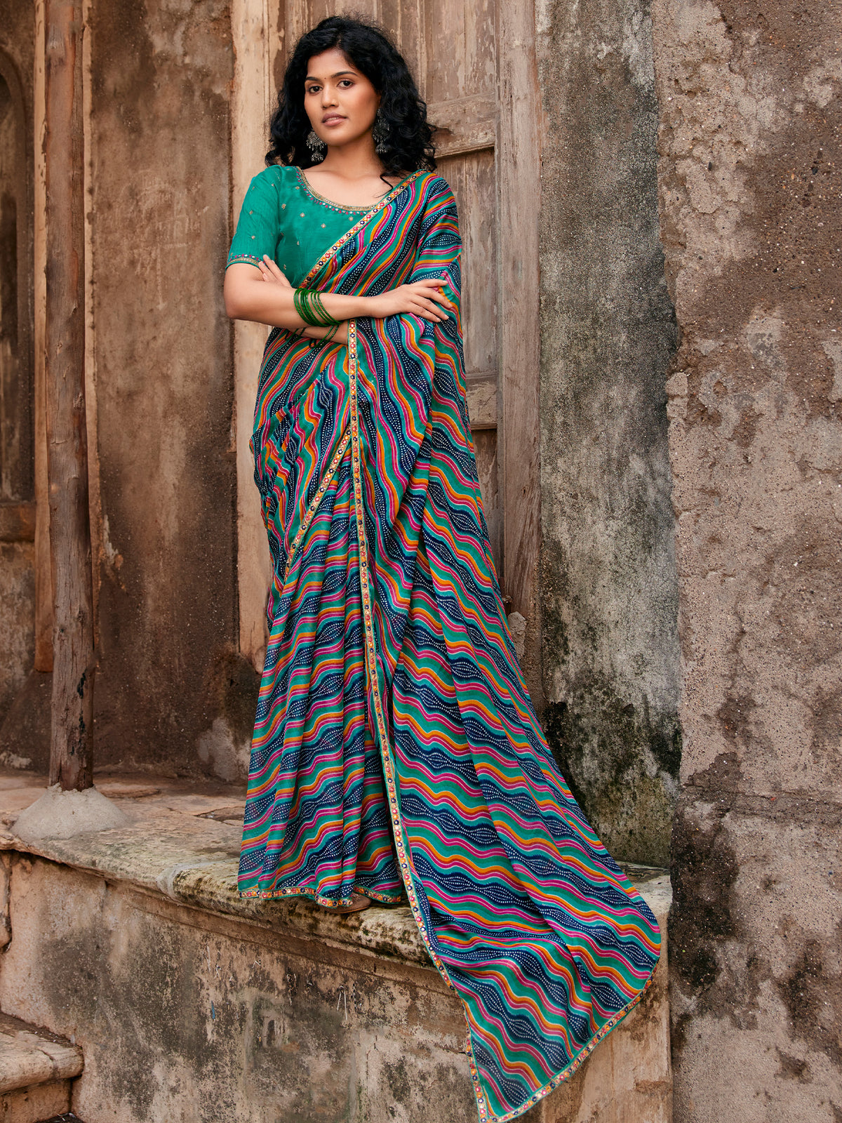 Teal Blue leheriya georgette saree with teal green blouse piece