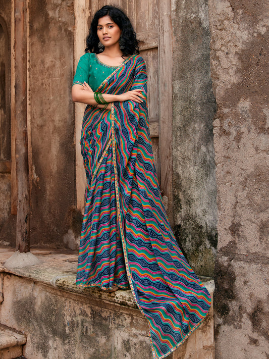 Teal Blue leheriya georgette saree with teal green blouse piece