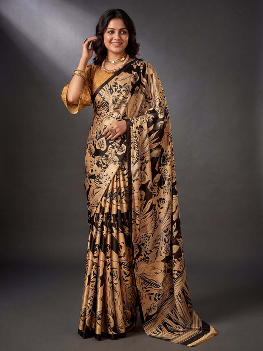 Woman wearing beige crepe saree with botanical floral and leaf design and camel brown blouse