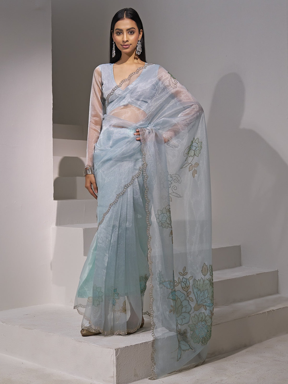 Light Blue embellished organza saree with light blue blouse piece