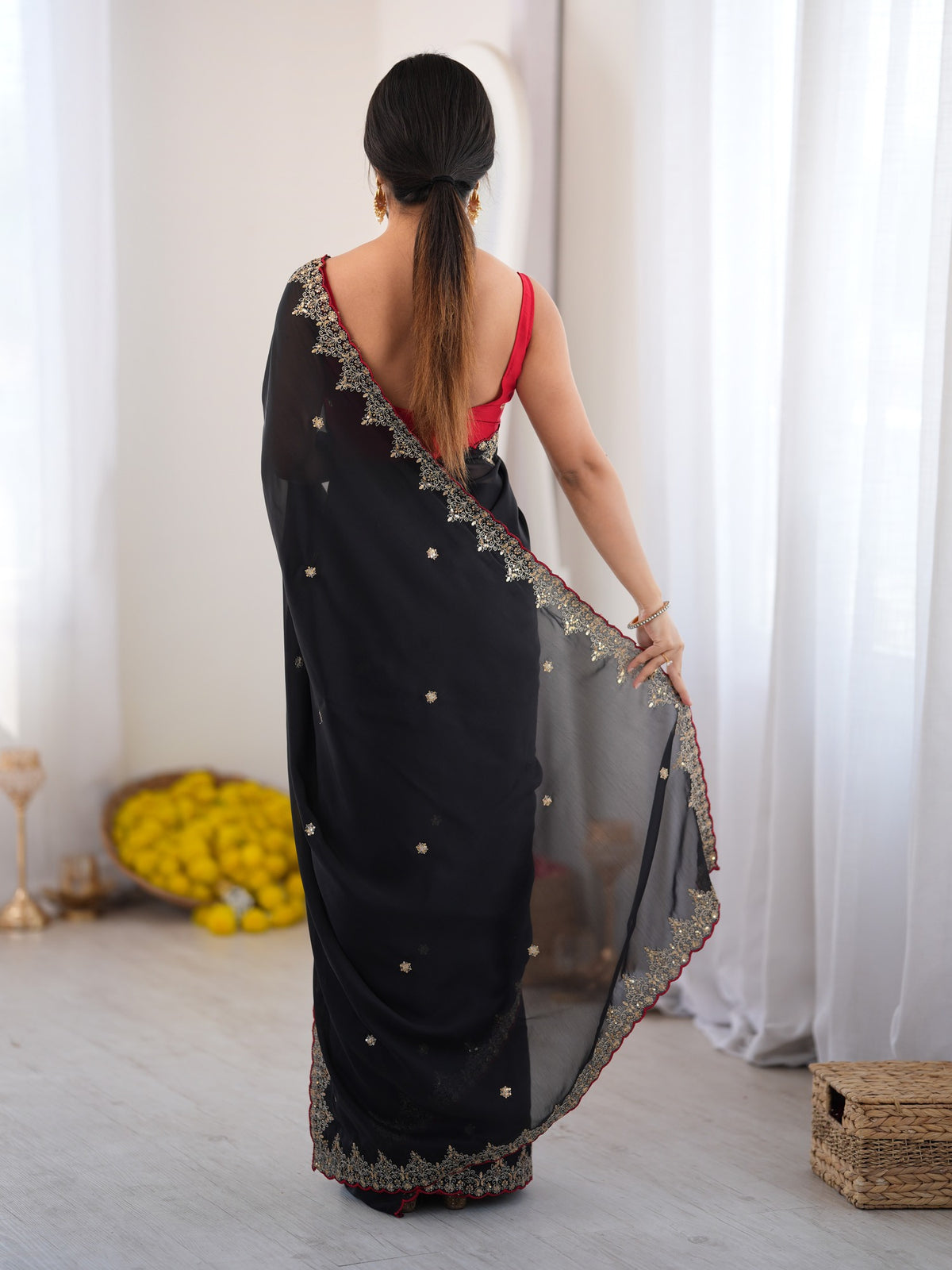 Black Georgette saree – detail view 1