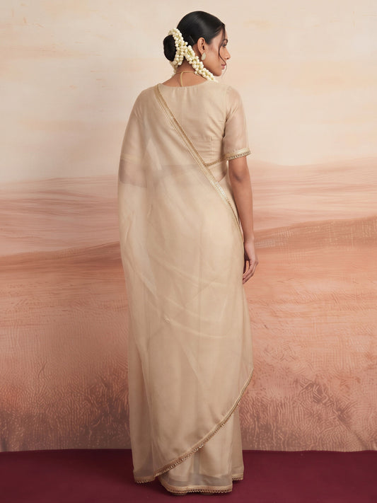 Cream satin silk saree view 1
