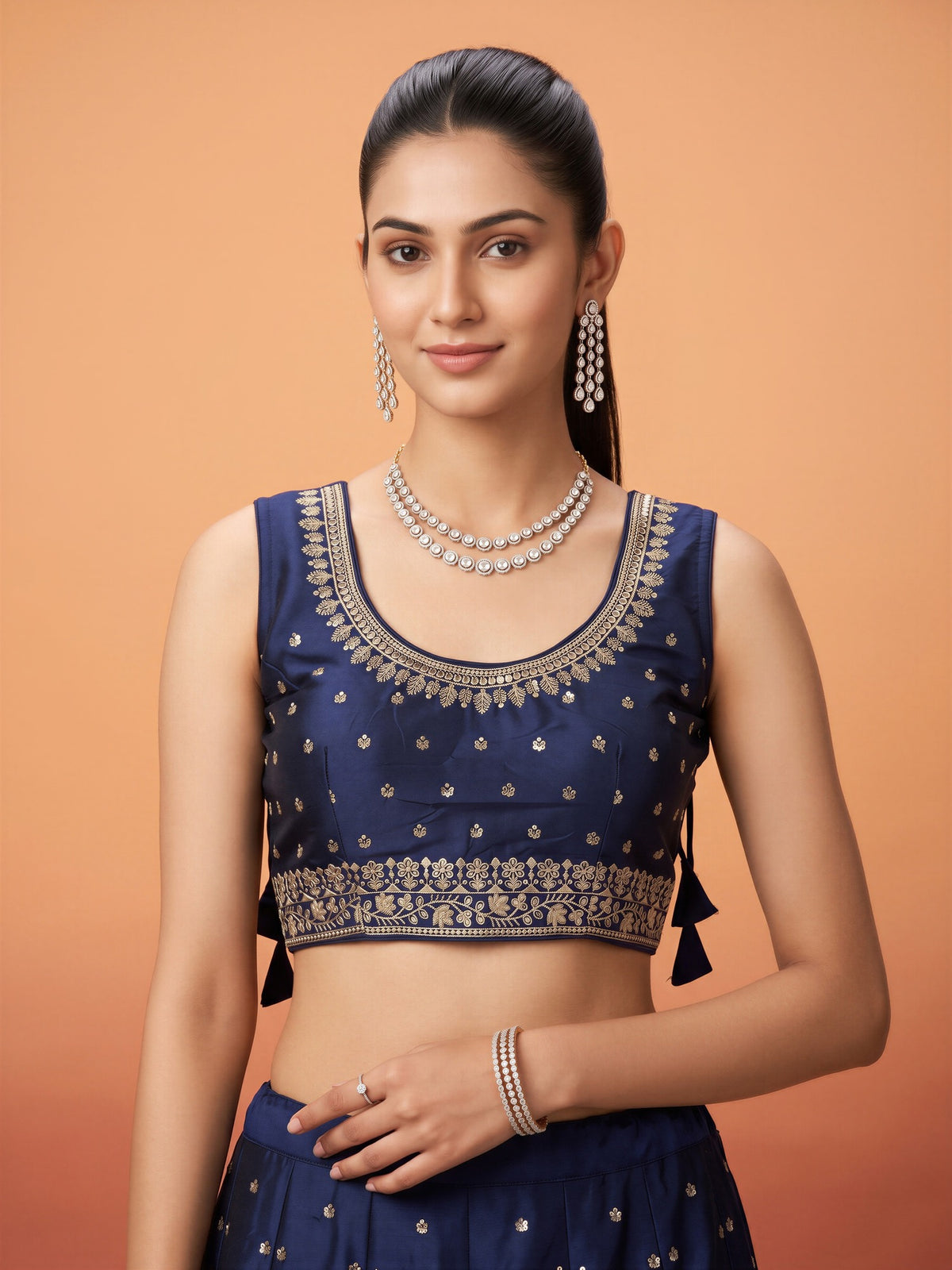 Blue sequin embellished silk blend sleeveless readymade saree blouse with round neck