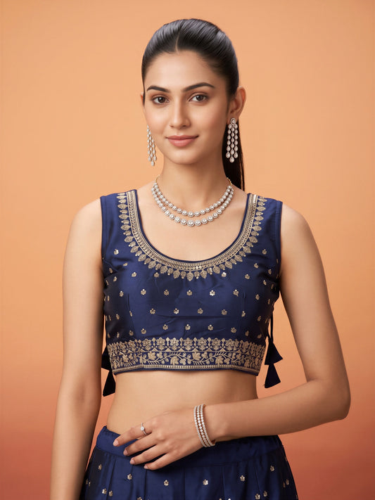 Blue sequin embellished silk blend sleeveless readymade saree blouse with round neck