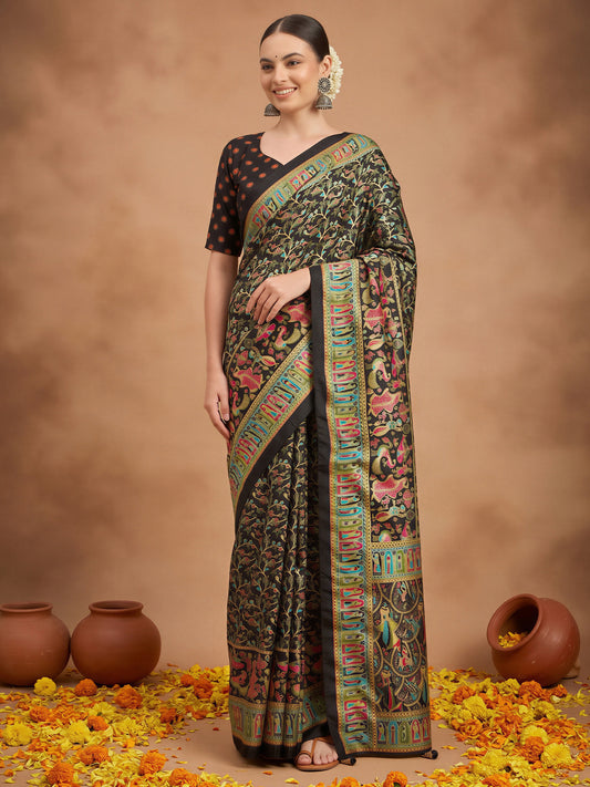 Woman wearing black silk blend saree with metallic foil print work and black blouse