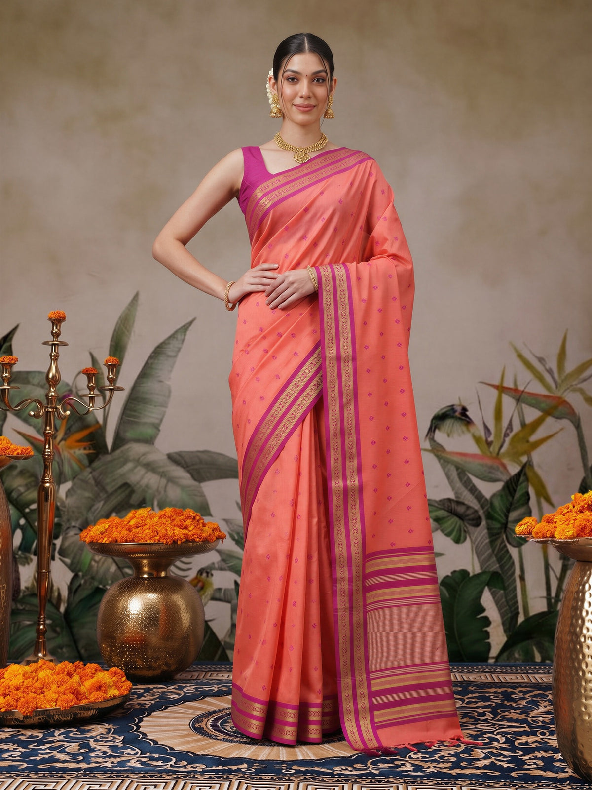 Peach woven design cotton blend saree with magenta blouse piece