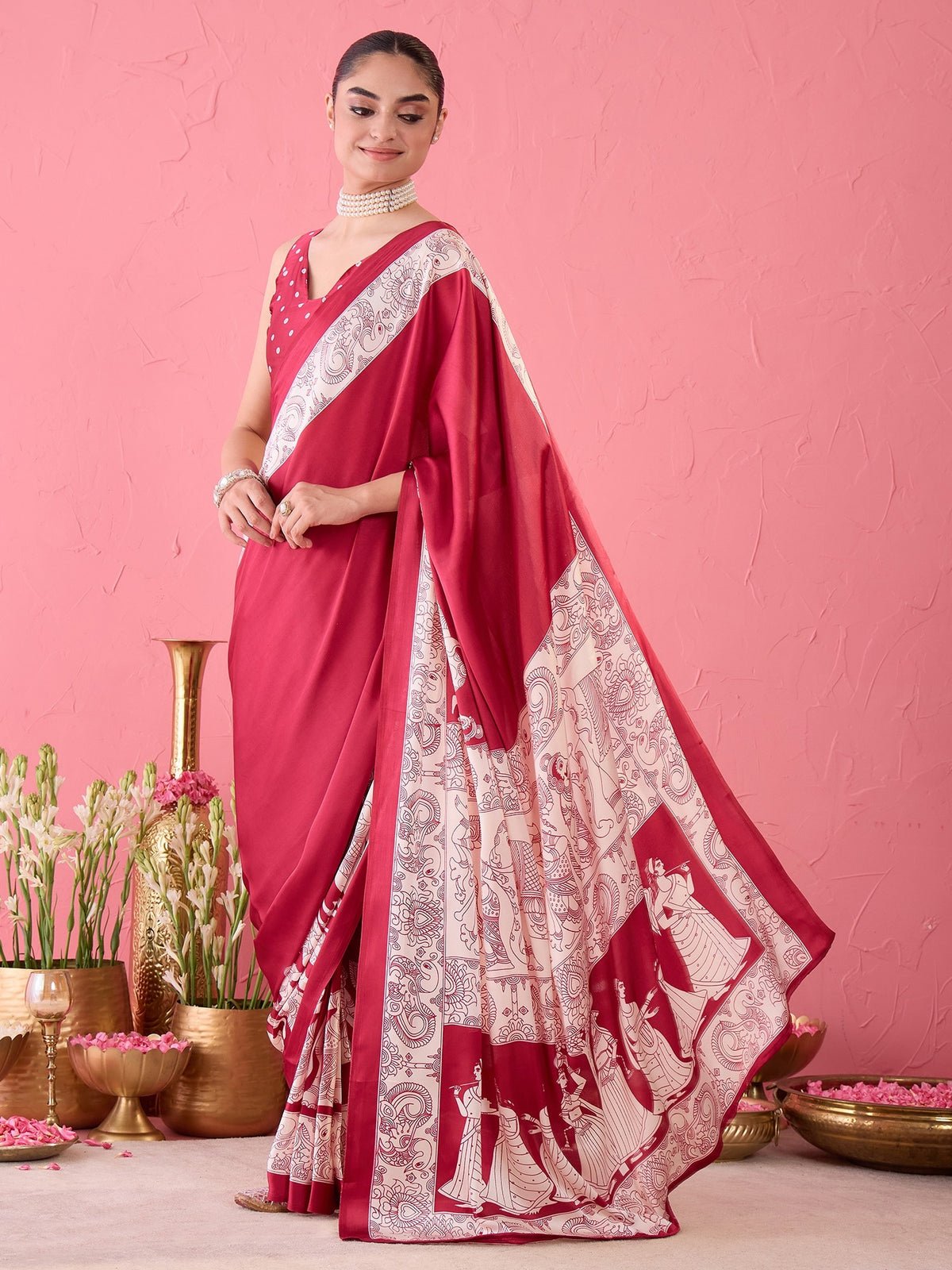 Burgundy Satin saree – detail view 1