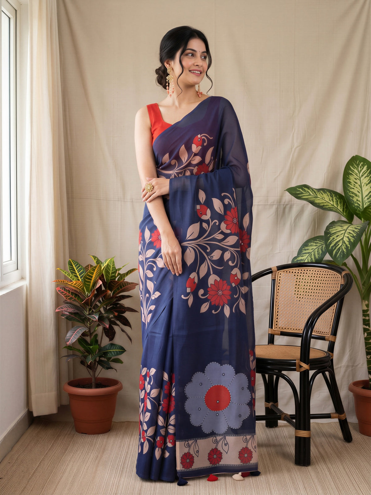 Navy Blue Linen Blend saree – detail view 4
