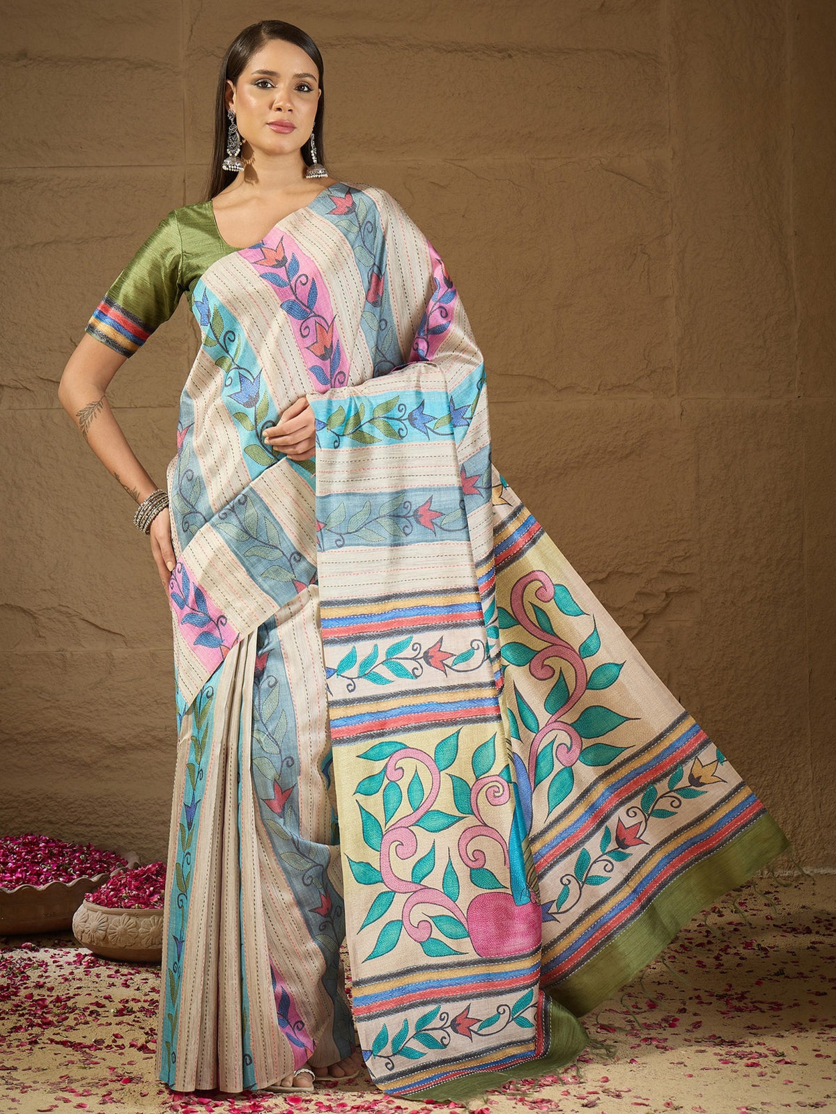 Multicolored kalamkari art silk saree with sea green blouse piece