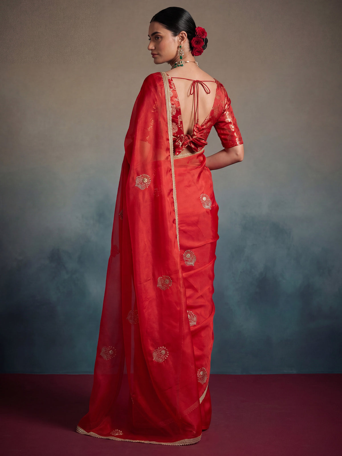 Red Pure Georgette saree – detail view 1