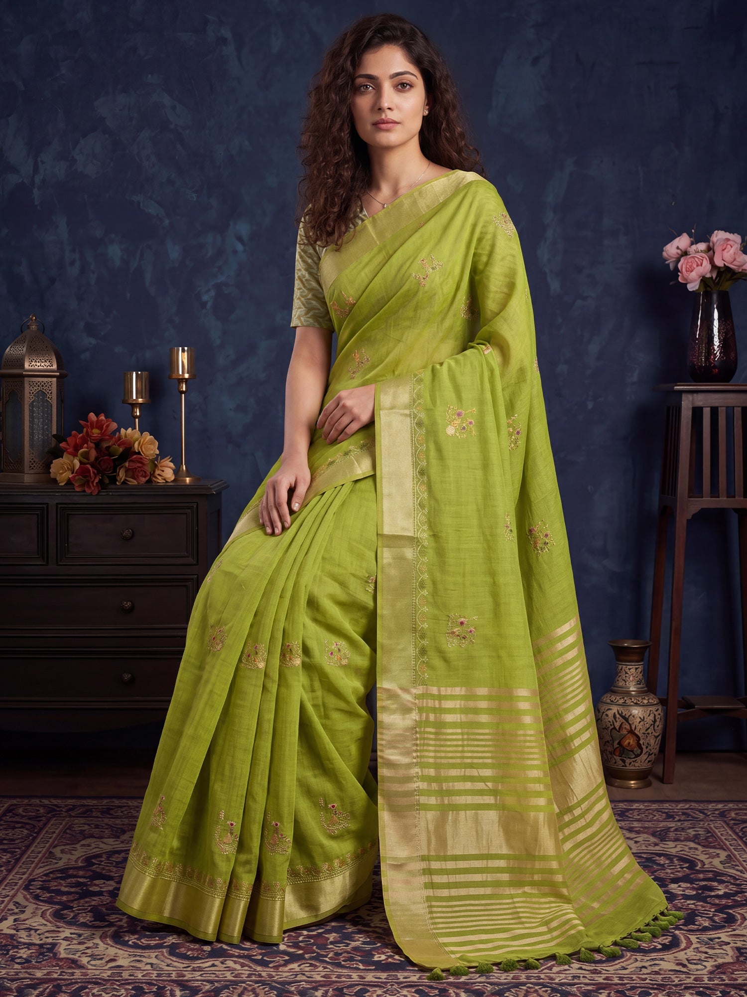 Lime Green Cotton Linen saree – detail view 3