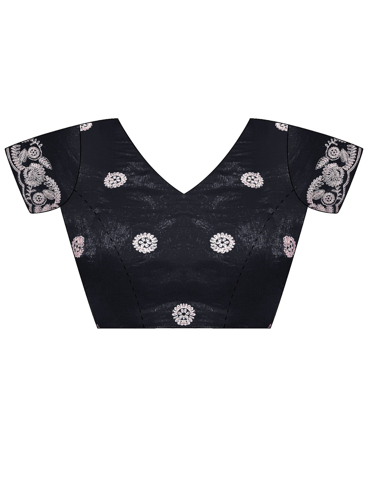 Unstitched black satin blouse piece with embroidered design