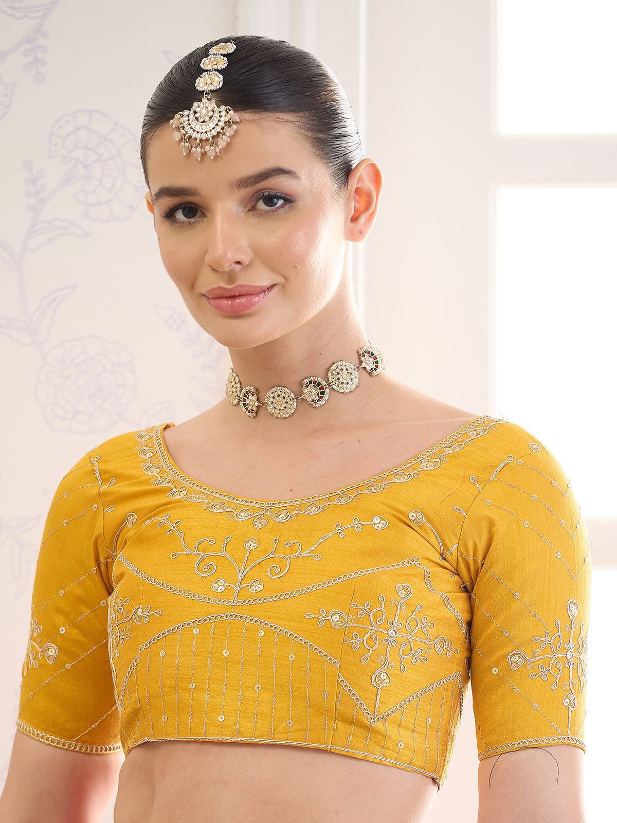 Unstitched yellow banglori silk blouse piece with embellished design