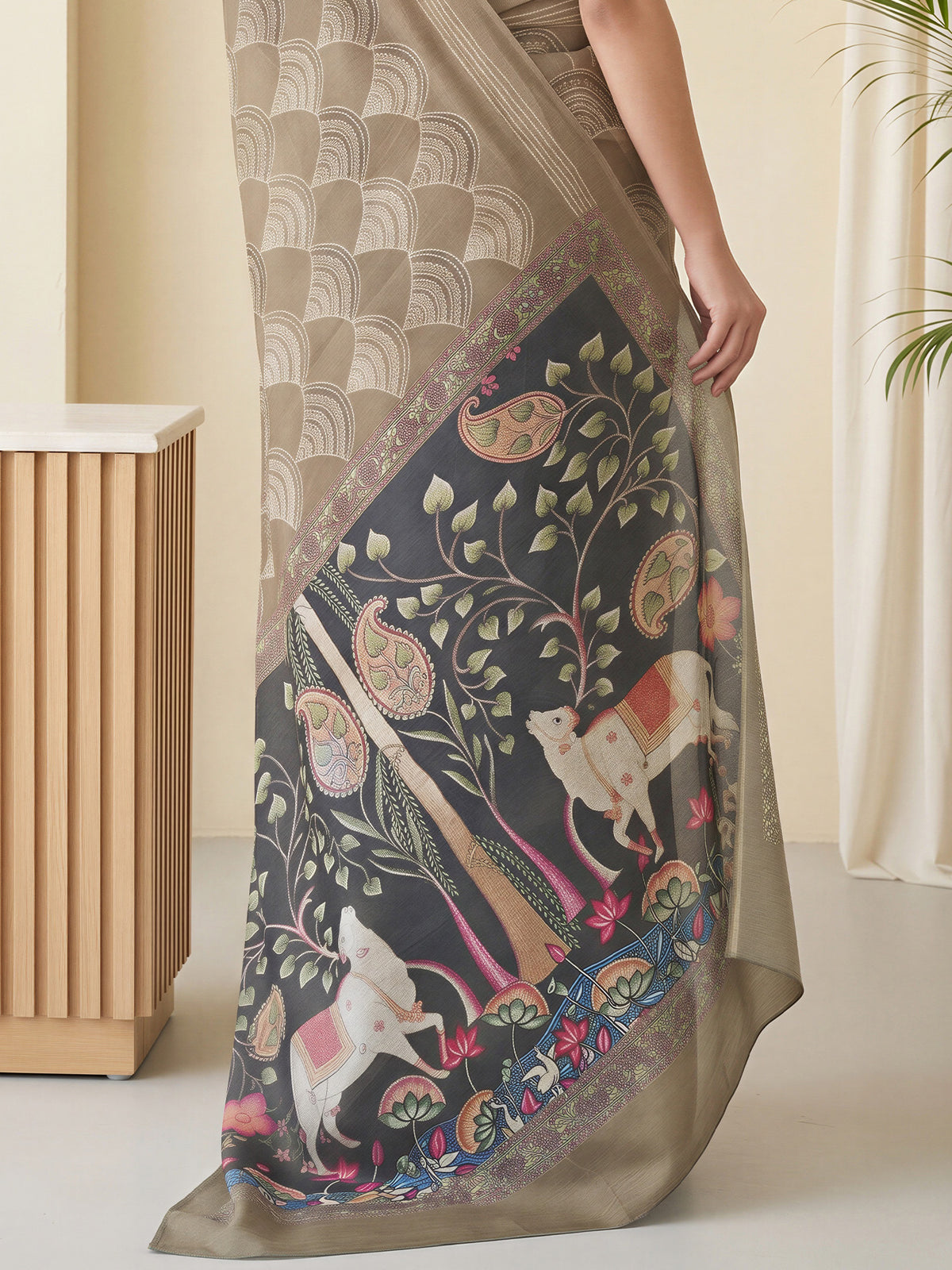 Beige Linen Blend saree – detail view 5