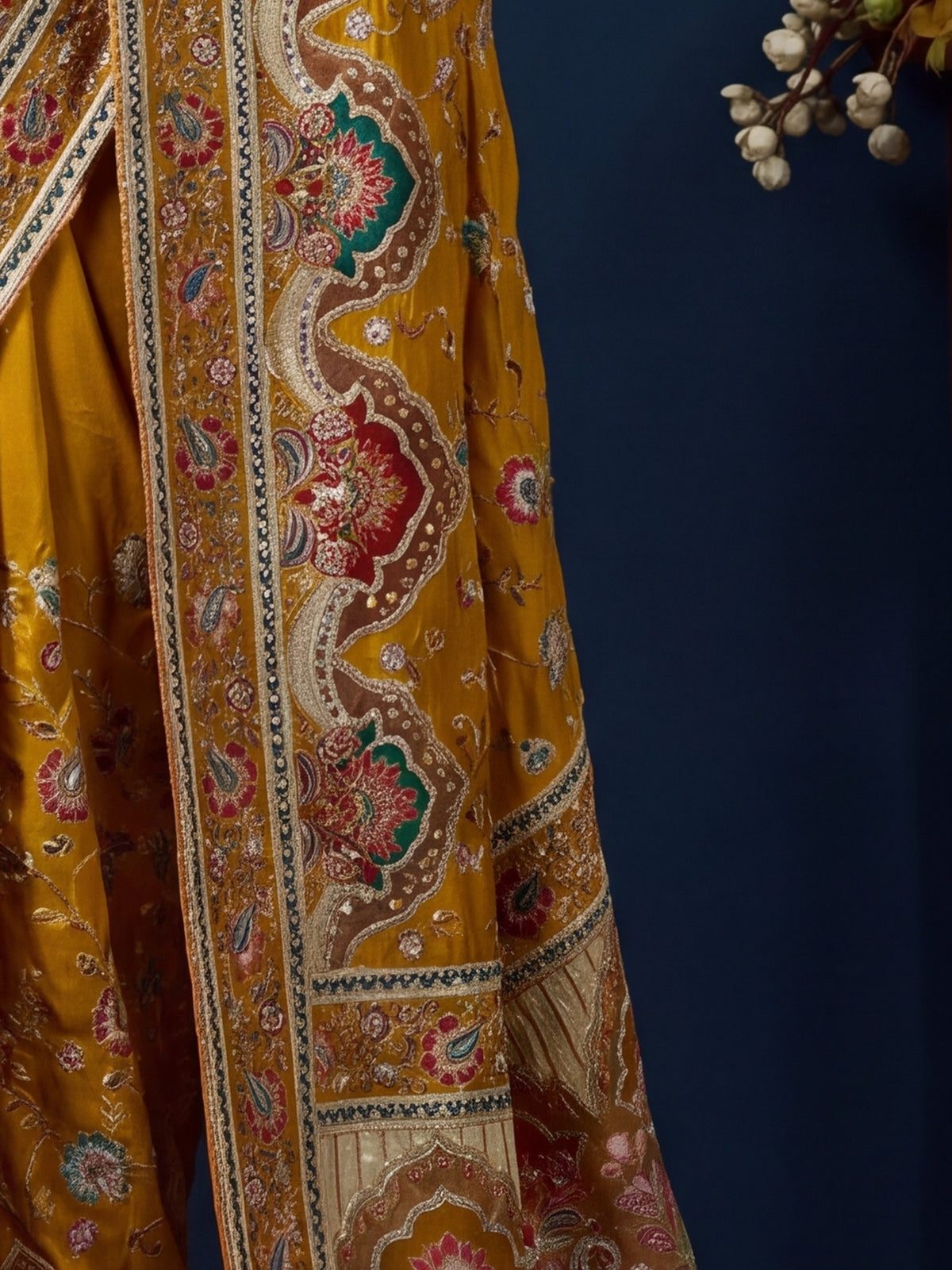 Pallu detail of yellow silk blend saree showing traditional indian motif work and embellished border