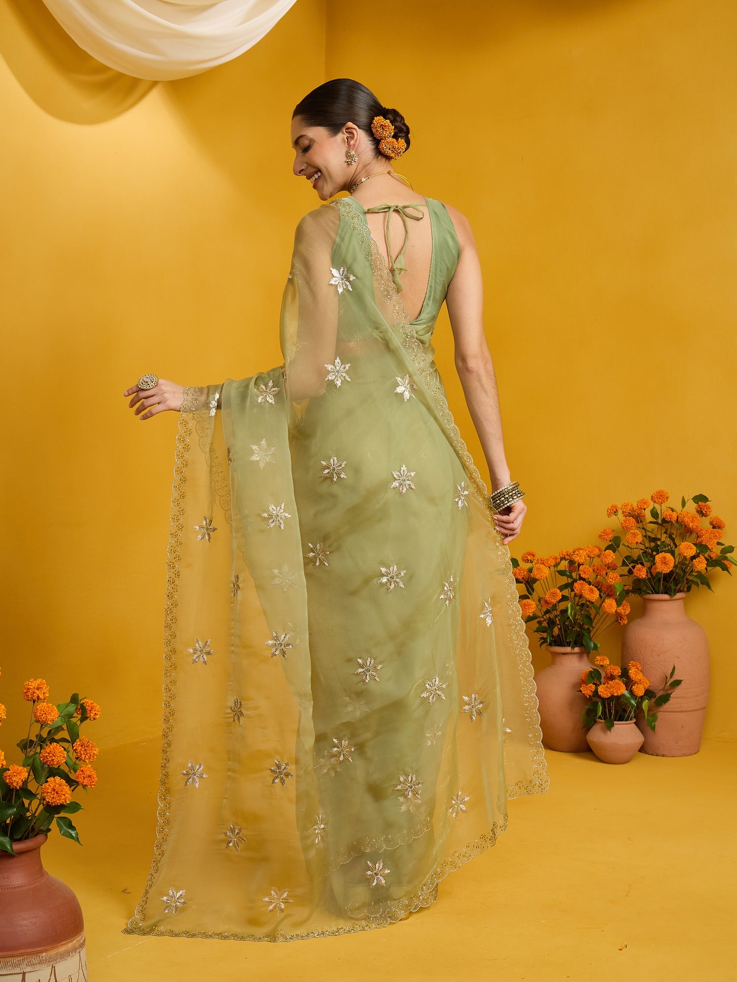 Mint Green Pure Georgette saree – detail view 1