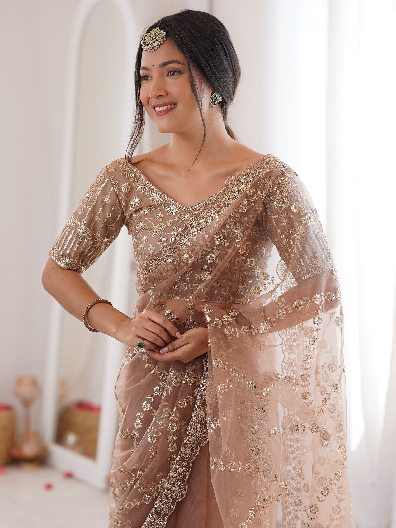 Beige Net saree – detail view 3