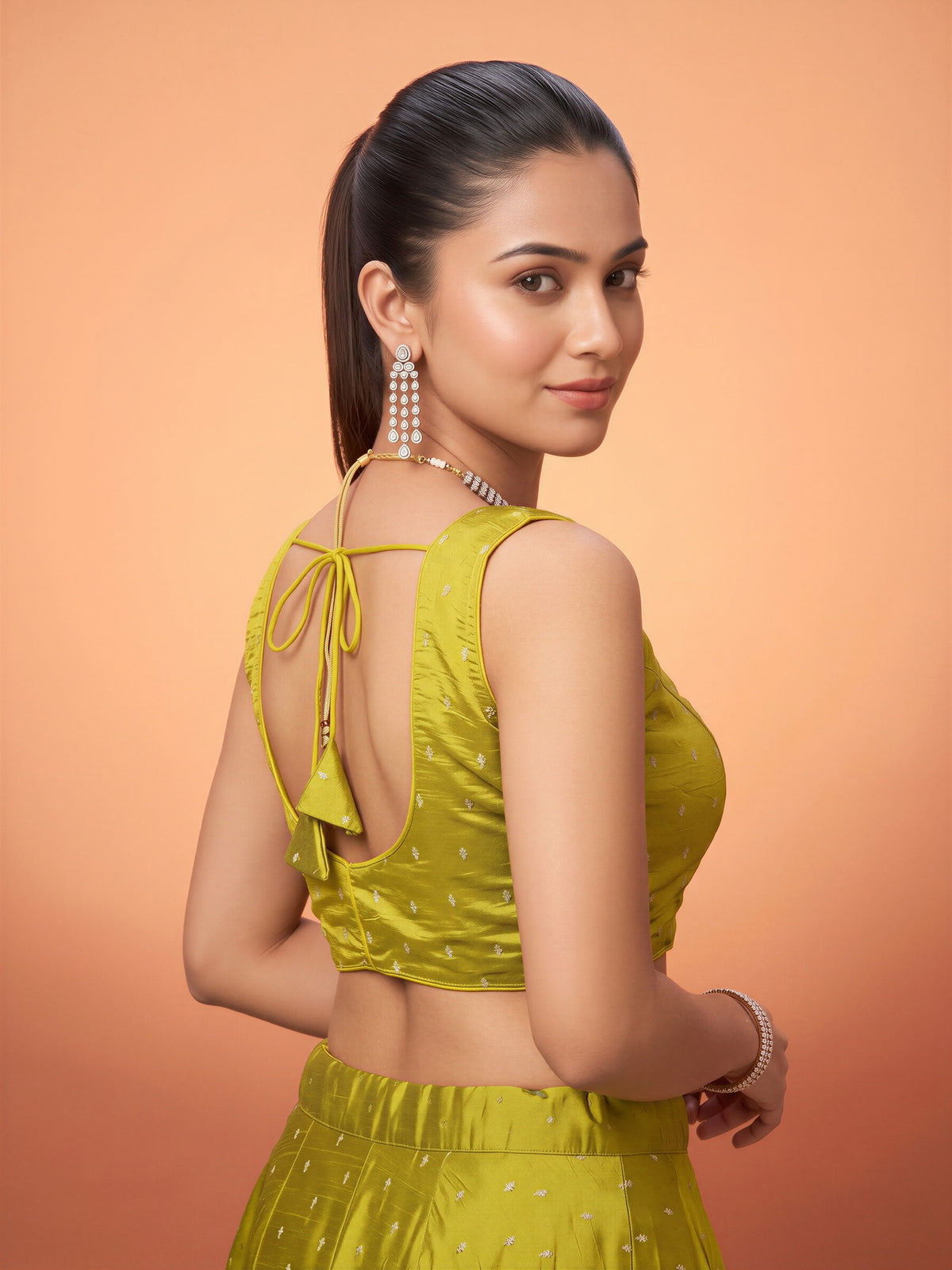 Lime Green sequin embellished silk blend sleeveless readymade saree blouse with round neck view 1