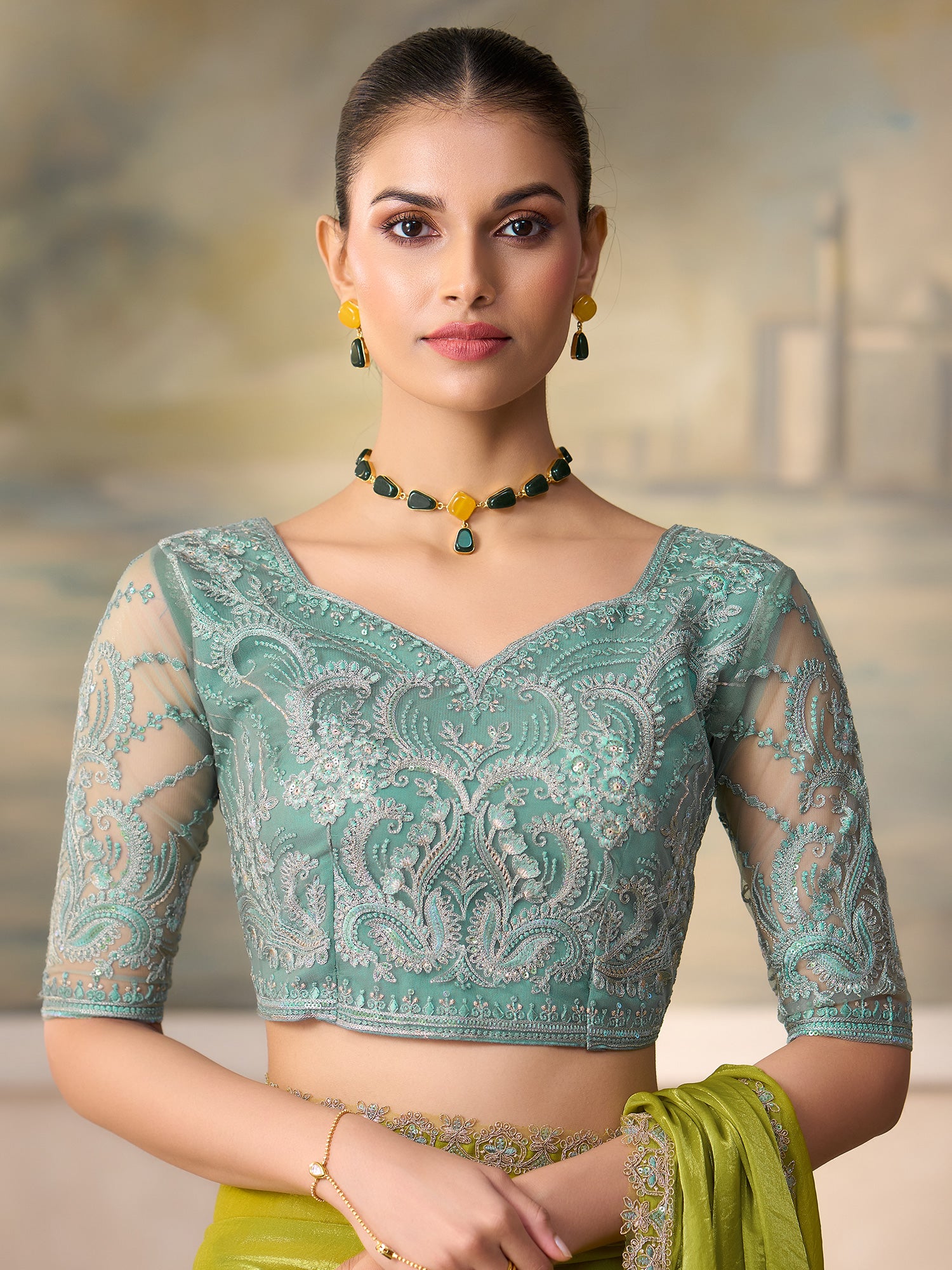 Unstitched sea green tussar silk blouse piece with embellished design