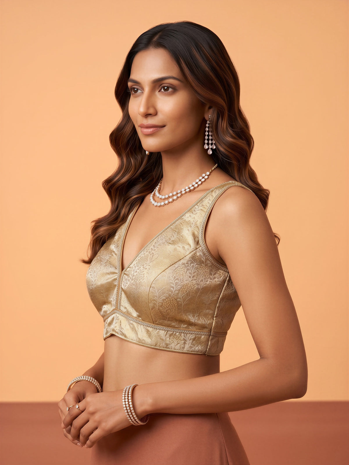 Olive woven brocade silk blend sleeveless readymade saree blouse with deep v neck view 2