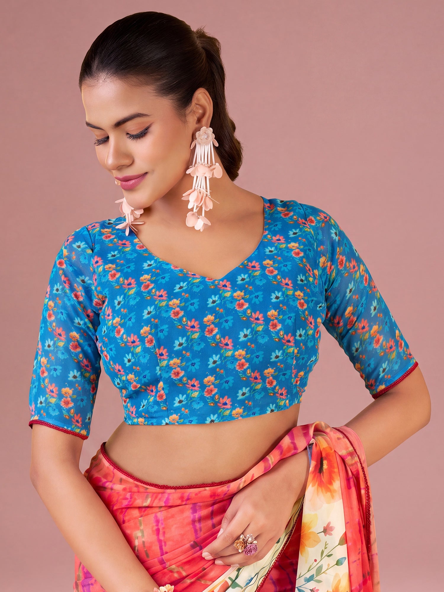 Unstitched light blue georgette blouse piece with floral design